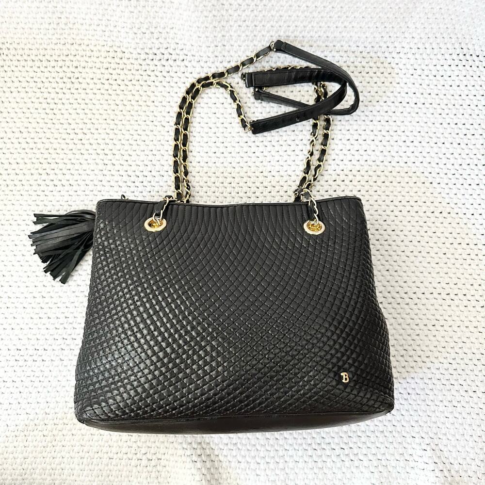 Bally Vintage Black Leather Quilted Gold Chain Dual Pocket Shoulder Bag Tote